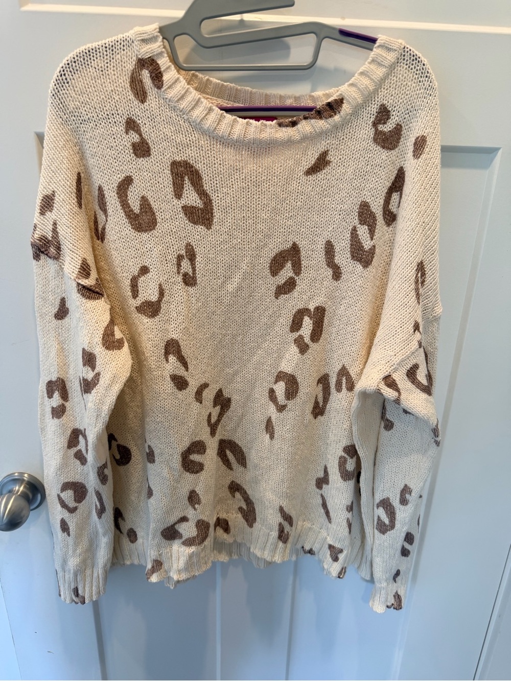 Time After Time Leopard Print Oversized Cotton Knit Sweater Large Cream Brown